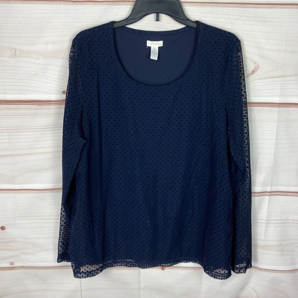 Chicos Top Womens 3 XL Blue Mesh Swiss Dot Blouse Scoop Neck Sheer Sleeve Woven